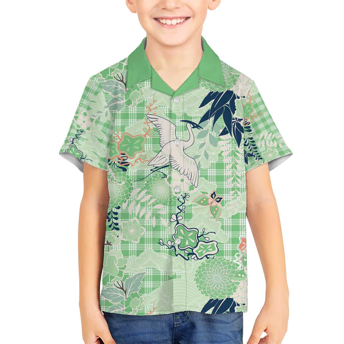 Green Palaka Crane and Flowers Family Matching Off The Shoulder Long Sleeve Dress and Hawaiian Shirt Japan Heritage Spirit LT9 Son's Shirt Green - Polynesian Pride