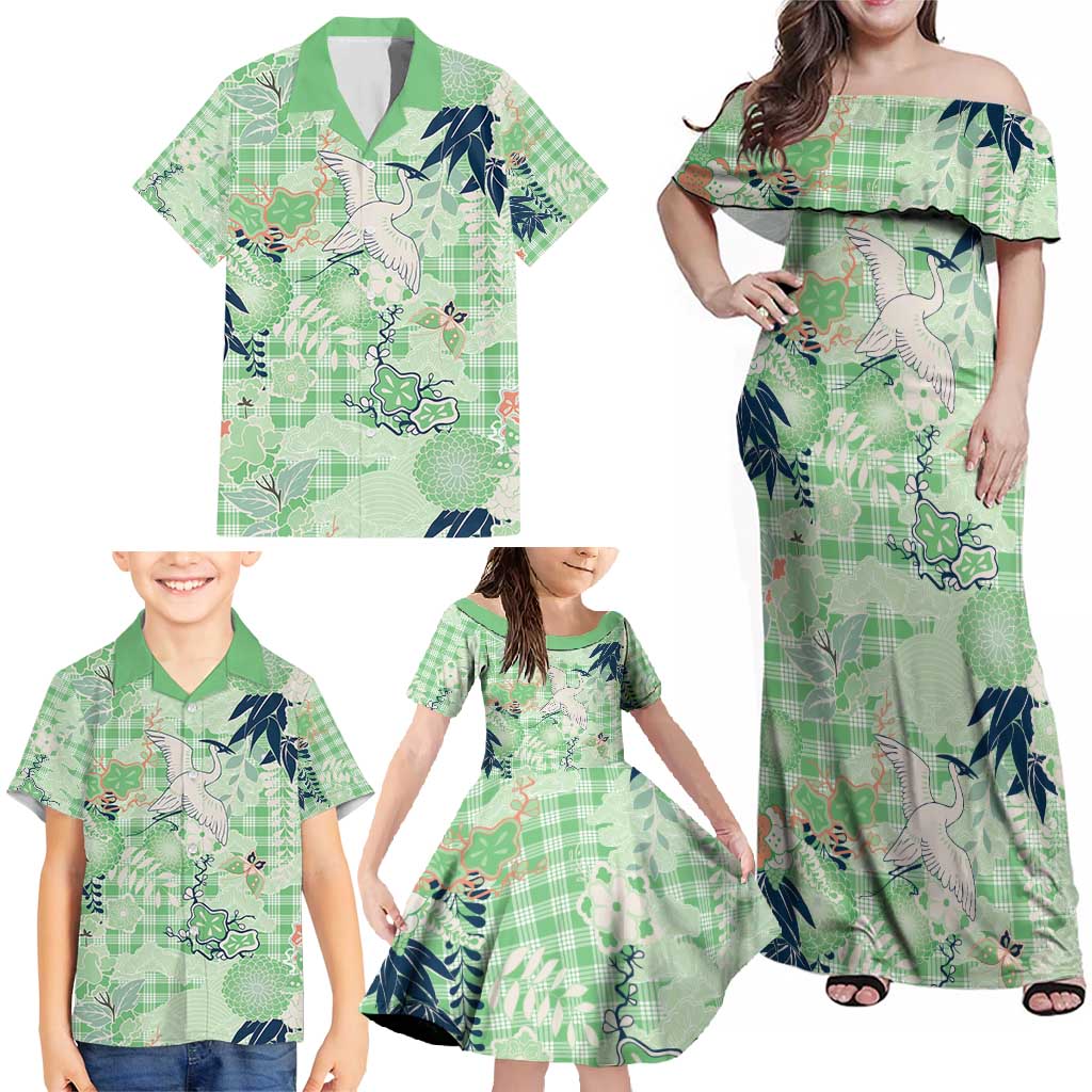 Green Palaka Crane and Flowers Family Matching Off Shoulder Maxi Dress and Hawaiian Shirt Japan Heritage Spirit LT9 - Polynesian Pride