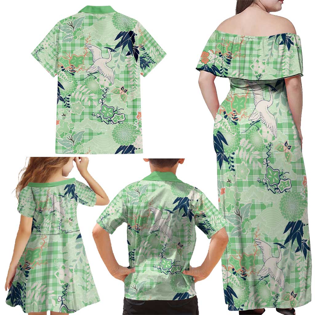 Green Palaka Crane and Flowers Family Matching Off Shoulder Maxi Dress and Hawaiian Shirt Japan Heritage Spirit LT9 - Polynesian Pride