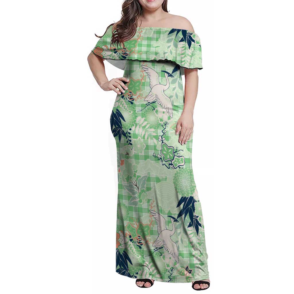 Green Palaka Crane and Flowers Family Matching Off Shoulder Maxi Dress and Hawaiian Shirt Japan Heritage Spirit LT9 Mom's Dress Green - Polynesian Pride