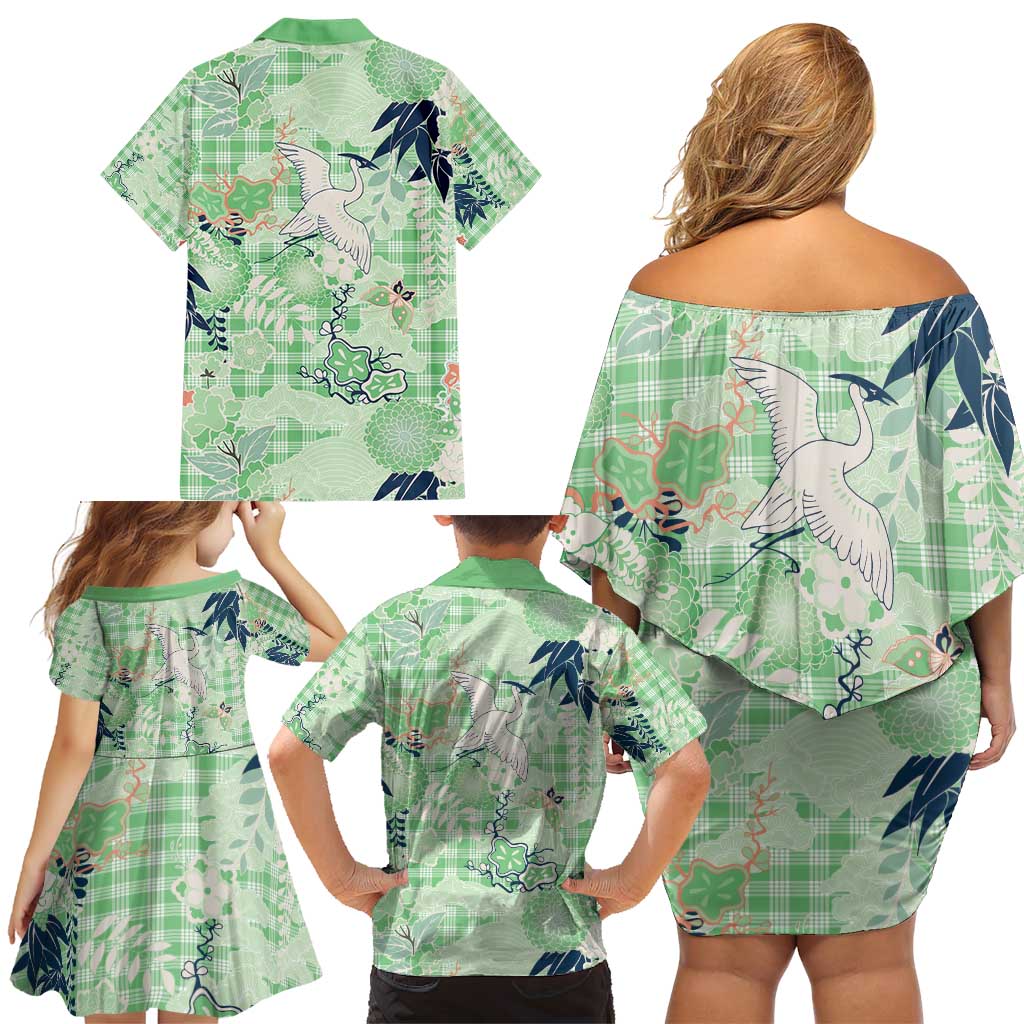 Green Palaka Crane and Flowers Family Matching Off Shoulder Short Dress and Hawaiian Shirt Japan Heritage Spirit LT9 - Polynesian Pride