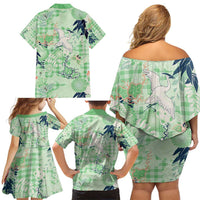 Green Palaka Crane and Flowers Family Matching Off Shoulder Short Dress and Hawaiian Shirt Japan Heritage Spirit LT9 - Polynesian Pride