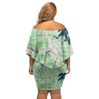 Green Palaka Crane and Flowers Family Matching Off Shoulder Short Dress and Hawaiian Shirt Japan Heritage Spirit LT9 - Polynesian Pride