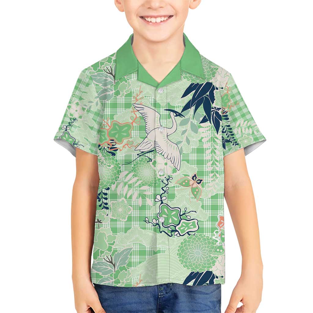 Green Palaka Crane and Flowers Family Matching Off Shoulder Short Dress and Hawaiian Shirt Japan Heritage Spirit LT9 Son's Shirt Green - Polynesian Pride