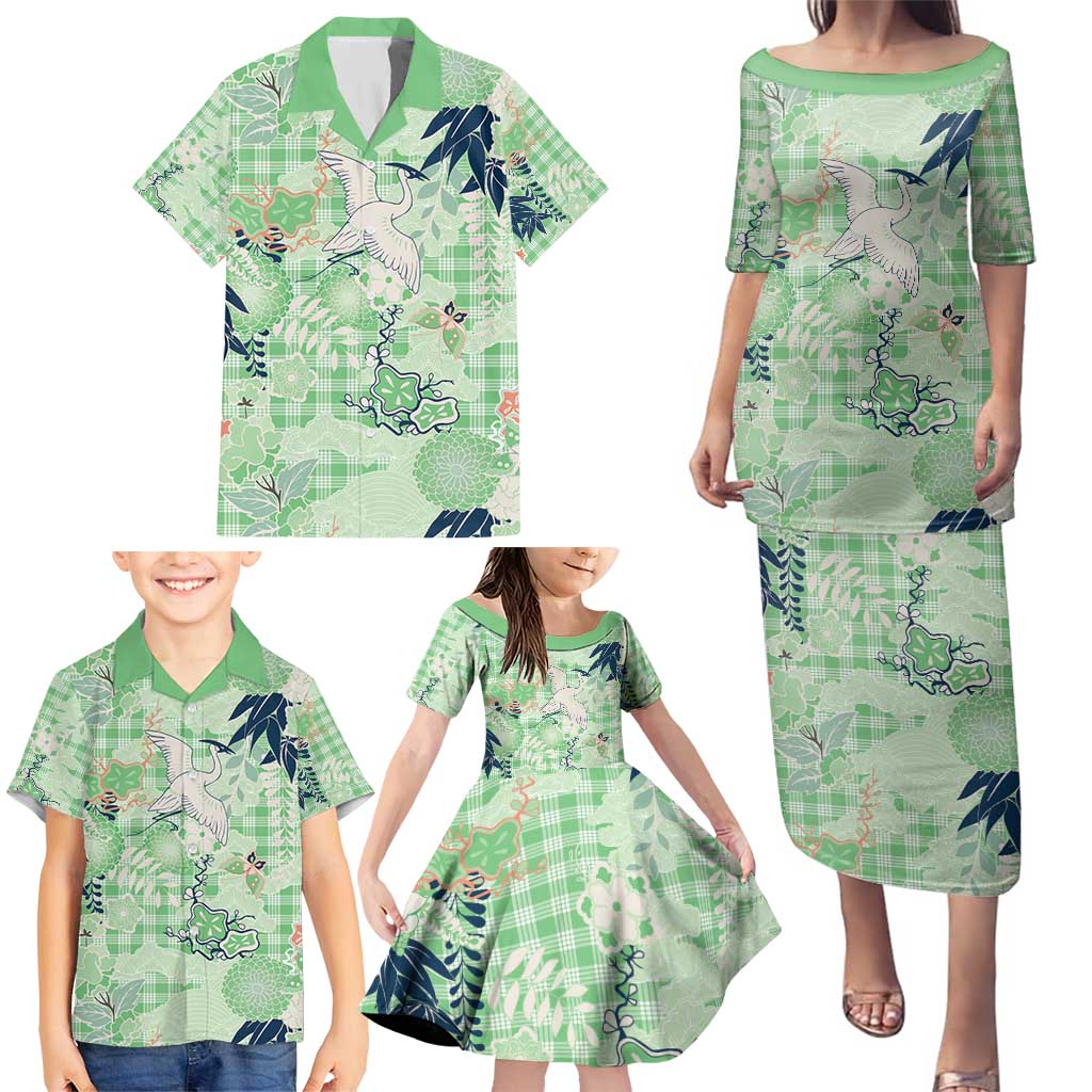 Green Palaka Crane and Flowers Family Matching Puletasi and Hawaiian Shirt Japan Heritage Spirit LT9 - Polynesian Pride