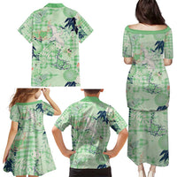 Green Palaka Crane and Flowers Family Matching Puletasi and Hawaiian Shirt Japan Heritage Spirit LT9 - Polynesian Pride