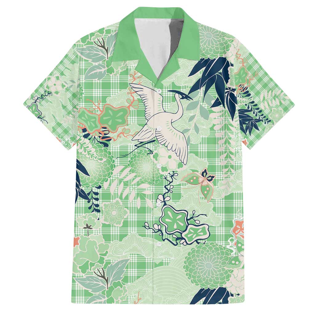Green Palaka Crane and Flowers Family Matching Puletasi and Hawaiian Shirt Japan Heritage Spirit LT9 Dad's Shirt - Short Sleeve Green - Polynesian Pride