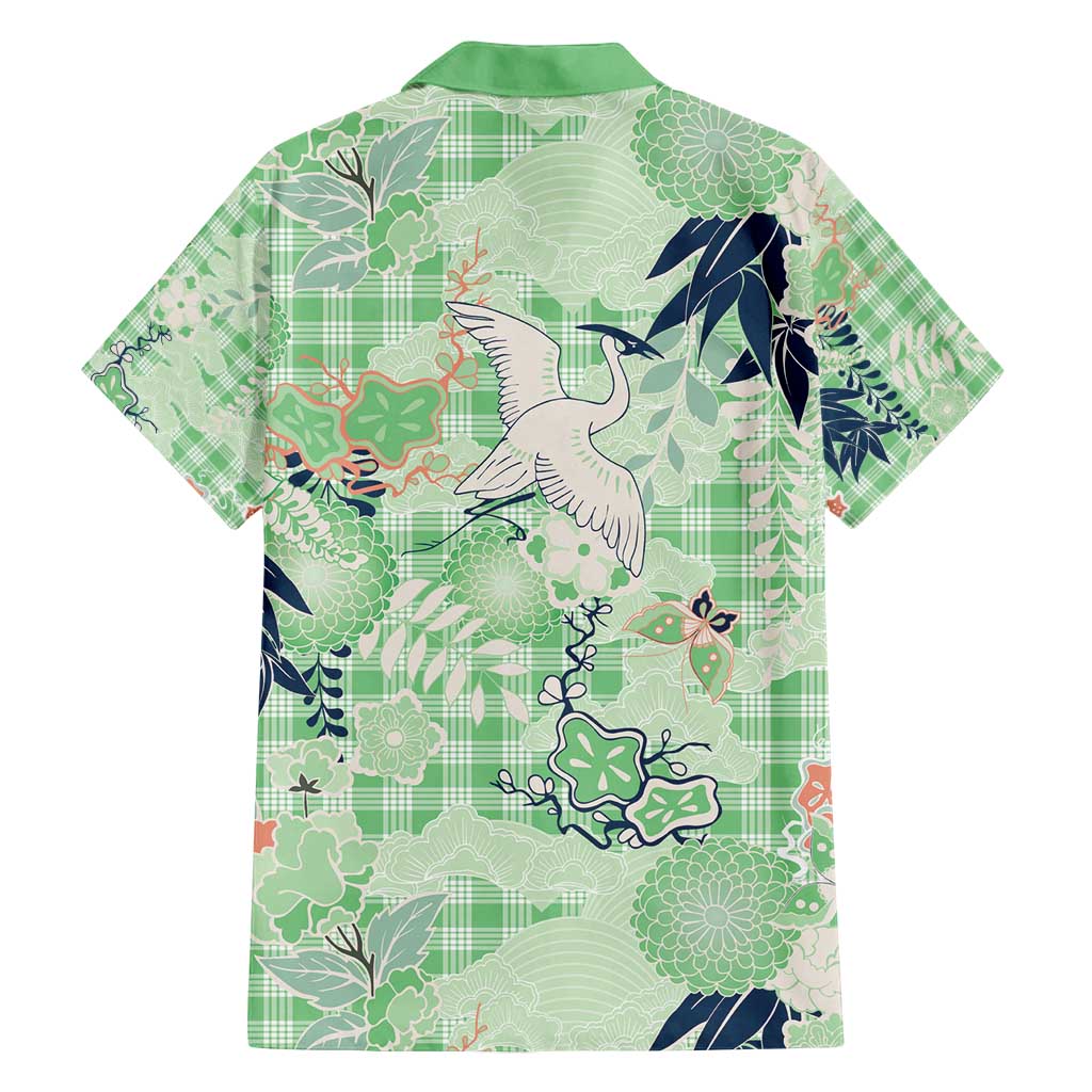 Green Palaka Crane and Flowers Family Matching Puletasi and Hawaiian Shirt Japan Heritage Spirit LT9 - Polynesian Pride