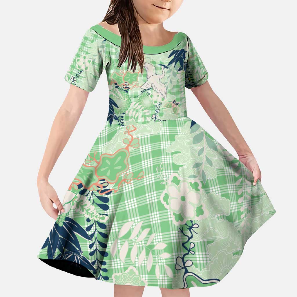 Green Palaka Crane and Flowers Family Matching Short Sleeve Bodycon Dress and Hawaiian Shirt Japan Heritage Spirit LT9 Daughter's Dress Green - Polynesian Pride