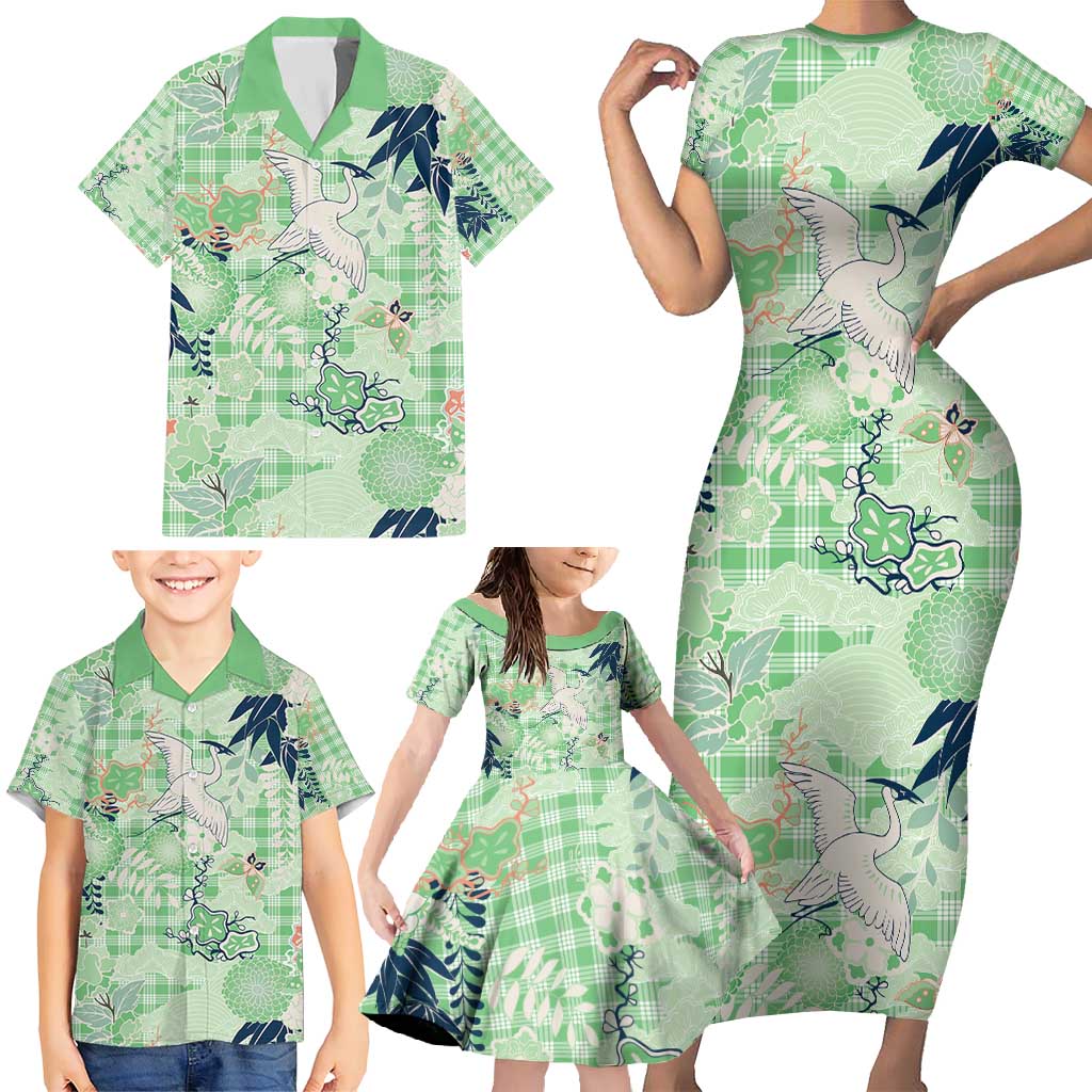 Green Palaka Crane and Flowers Family Matching Short Sleeve Bodycon Dress and Hawaiian Shirt Japan Heritage Spirit LT9 - Polynesian Pride