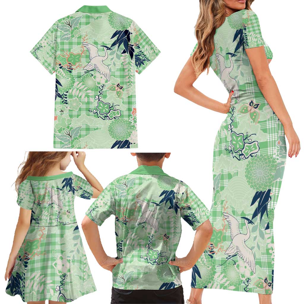 Green Palaka Crane and Flowers Family Matching Short Sleeve Bodycon Dress and Hawaiian Shirt Japan Heritage Spirit LT9 - Polynesian Pride