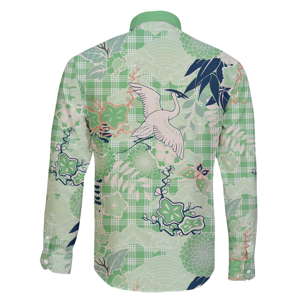 Green Palaka Crane and Flowers Family Matching Short Sleeve Bodycon Dress and Hawaiian Shirt Japan Heritage Spirit LT9 - Polynesian Pride