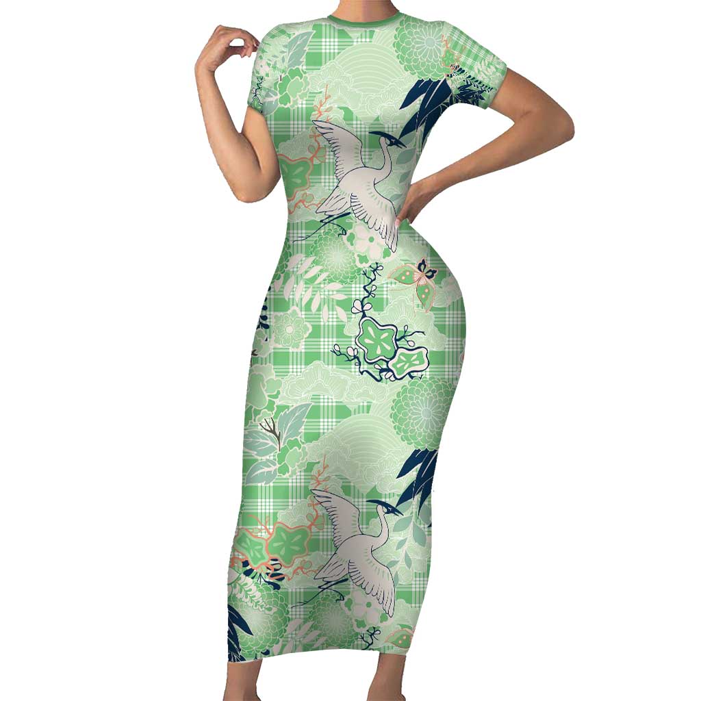 Green Palaka Crane and Flowers Family Matching Short Sleeve Bodycon Dress and Hawaiian Shirt Japan Heritage Spirit LT9 Mom's Dress Green - Polynesian Pride