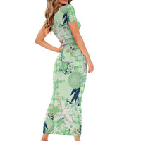 Green Palaka Crane and Flowers Family Matching Short Sleeve Bodycon Dress and Hawaiian Shirt Japan Heritage Spirit LT9 - Polynesian Pride