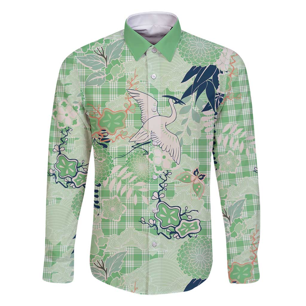 Green Palaka Crane and Flowers Family Matching Summer Maxi Dress and Hawaiian Shirt Japan Heritage Spirit LT9 Dad's Shirt - Long Sleeve Green - Polynesian Pride