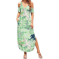 Green Palaka Crane and Flowers Family Matching Summer Maxi Dress and Hawaiian Shirt Japan Heritage Spirit LT9 Mom's Dress Green - Polynesian Pride