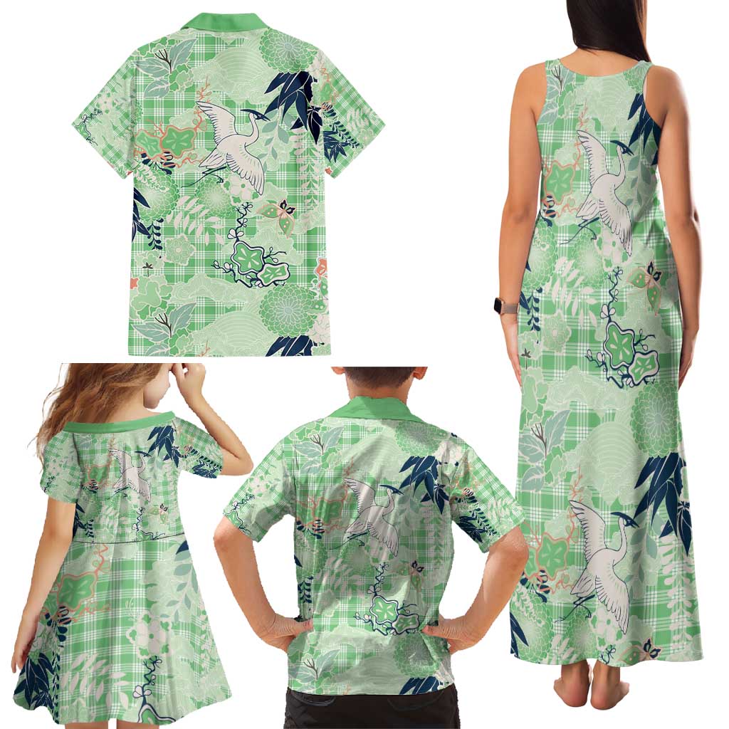 Green Palaka Crane and Flowers Family Matching Tank Maxi Dress and Hawaiian Shirt Japan Heritage Spirit LT9 - Polynesian Pride