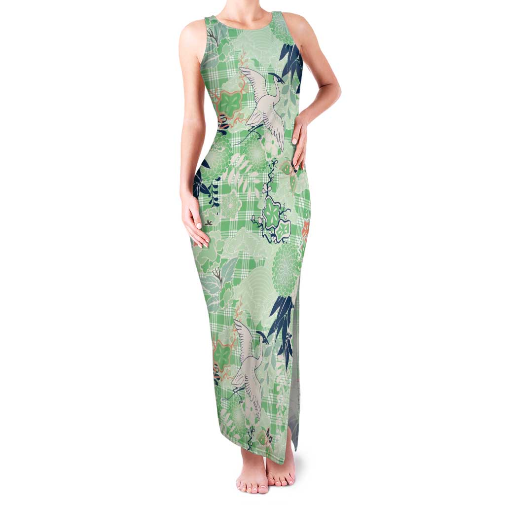 Green Palaka Crane and Flowers Family Matching Tank Maxi Dress and Hawaiian Shirt Japan Heritage Spirit LT9 Mom's Dress Green - Polynesian Pride