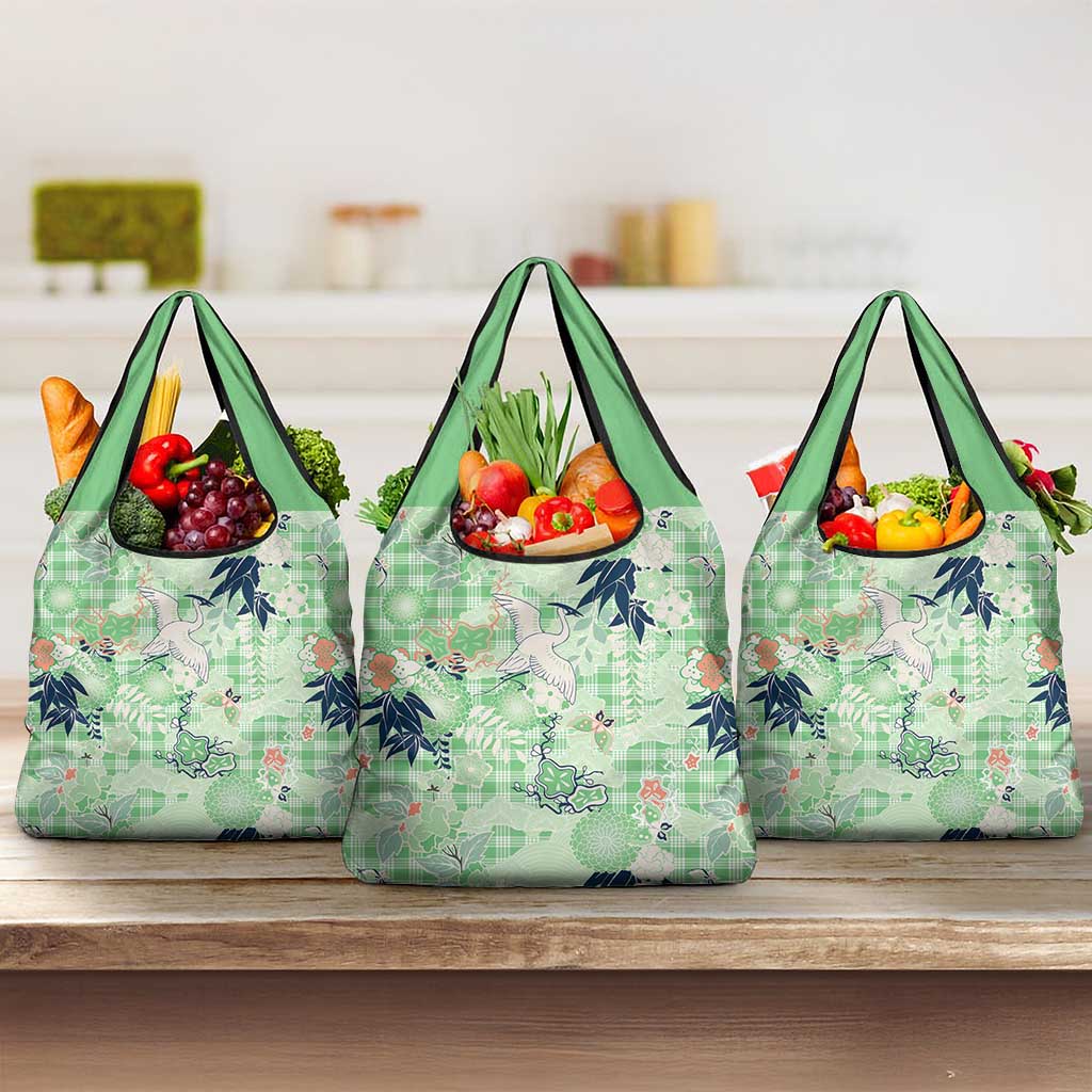 Green Palaka Crane and Flowers Grocery Bag Japan Heritage Spirit - Polynesian Pride