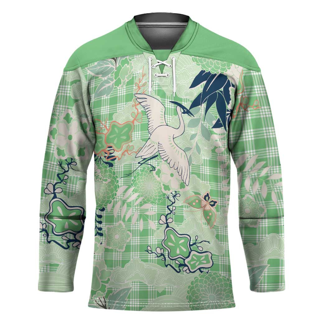 Green Palaka Crane and Flowers Hockey Jersey Japan Heritage Spirit - Polynesian Pride