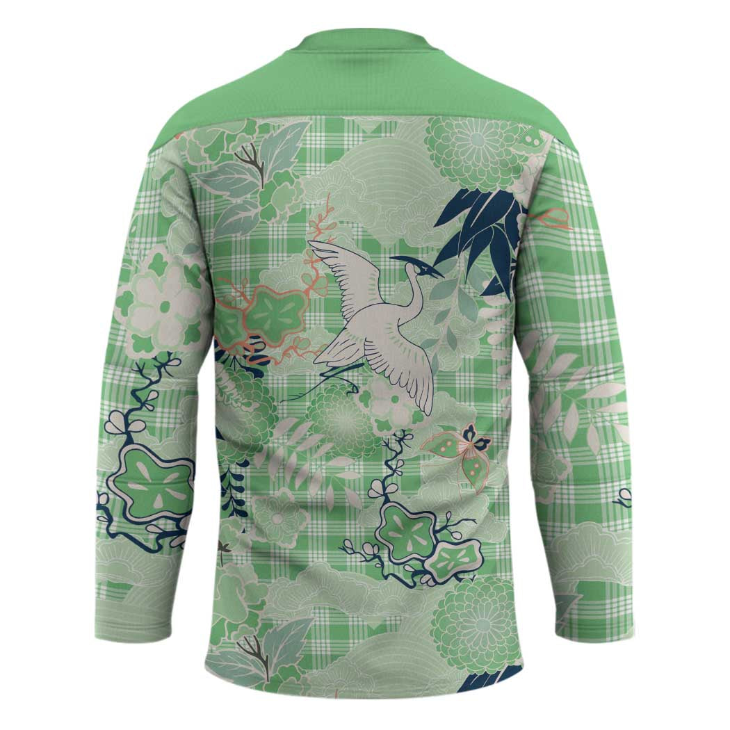 Green Palaka Crane and Flowers Hockey Jersey Japan Heritage Spirit - Polynesian Pride