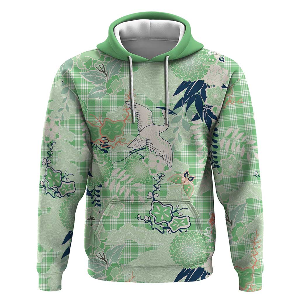 Green Palaka Crane and Flowers Hoodie Japan Heritage Spirit - Polynesian Pride