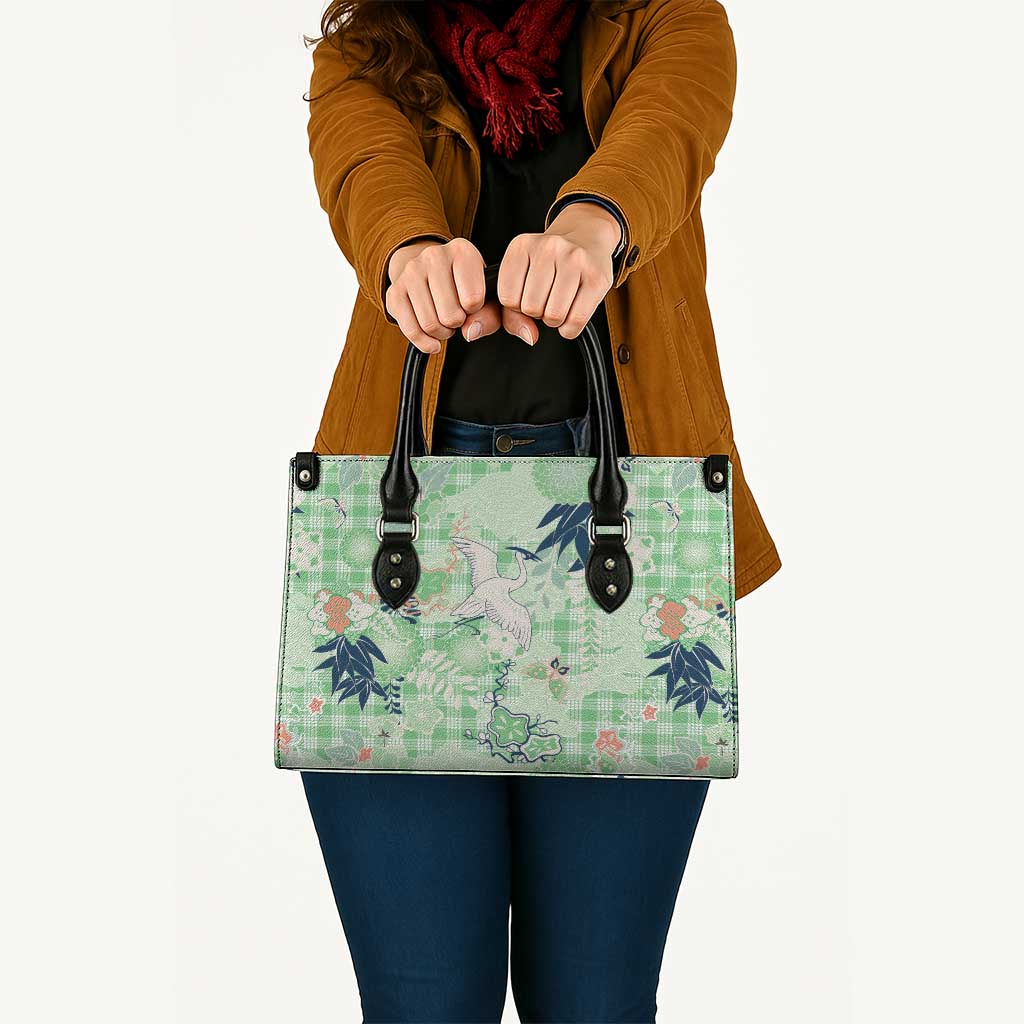 Green Palaka Crane and Flowers Leather Bag Japan Heritage Spirit - Polynesian Pride