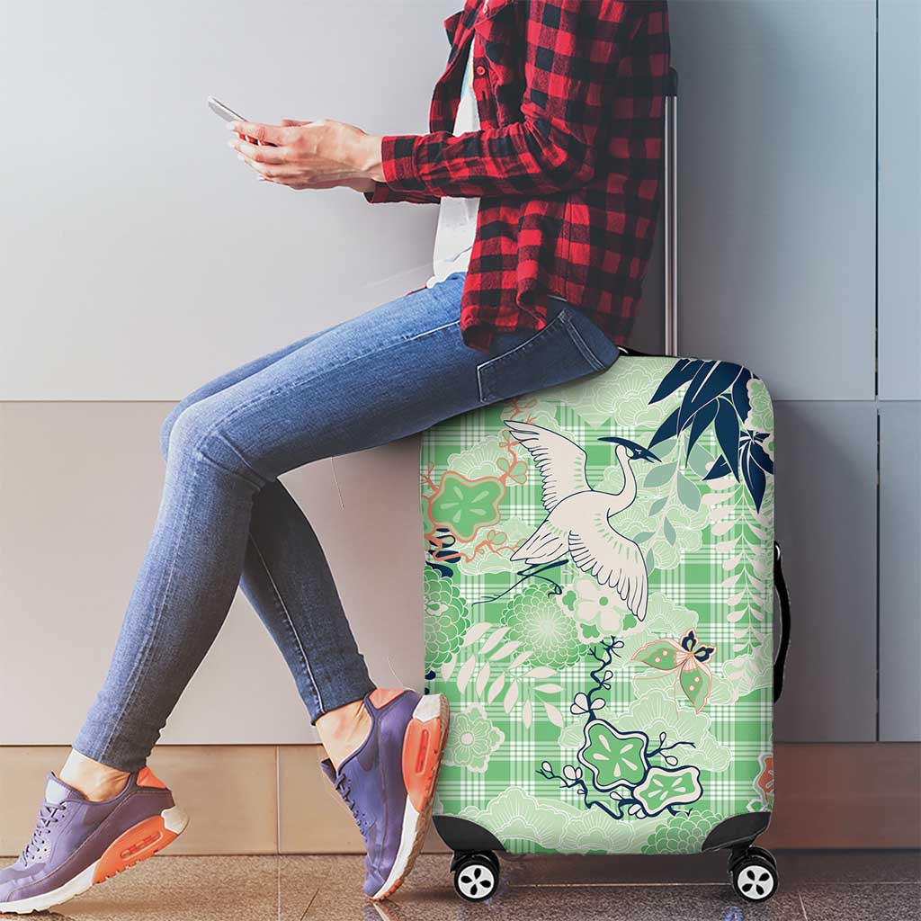 Green Palaka Crane and Flowers Luggage Cover Japan Heritage Spirit - Polynesian Pride