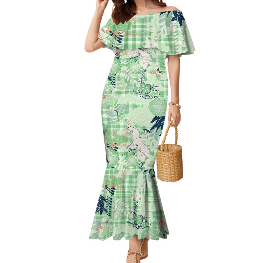 Green Palaka Crane and Flowers Mermaid Dress Japan Heritage Spirit - Polynesian Pride