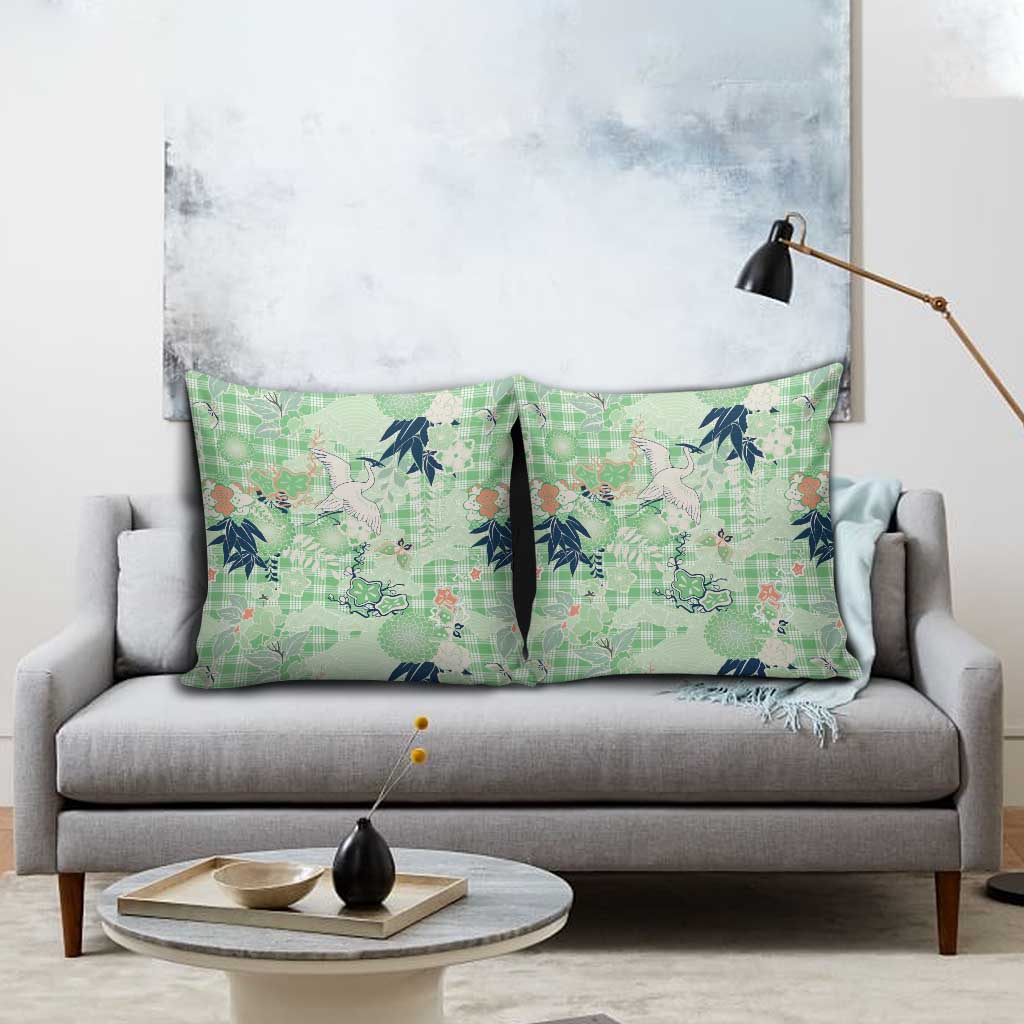 Green Palaka Crane and Flowers Pillow Cover Japan Heritage Spirit - Polynesian Pride