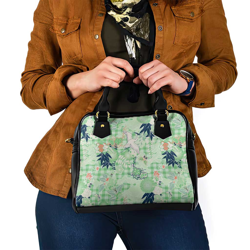 Green Palaka Crane and Flowers Shoulder Handbag Japan Heritage Spirit - Polynesian Pride