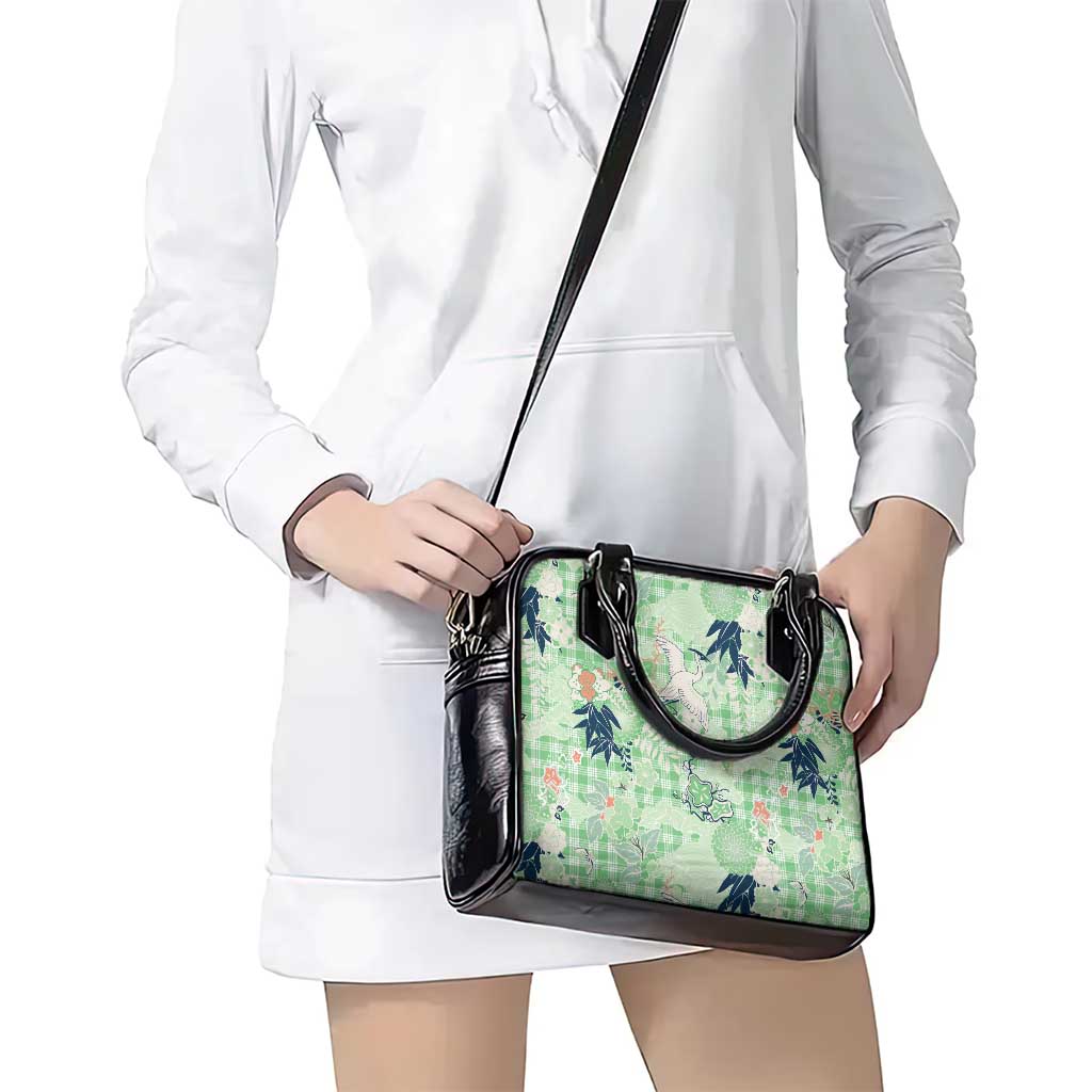 Green Palaka Crane and Flowers Shoulder Handbag Japan Heritage Spirit - Polynesian Pride