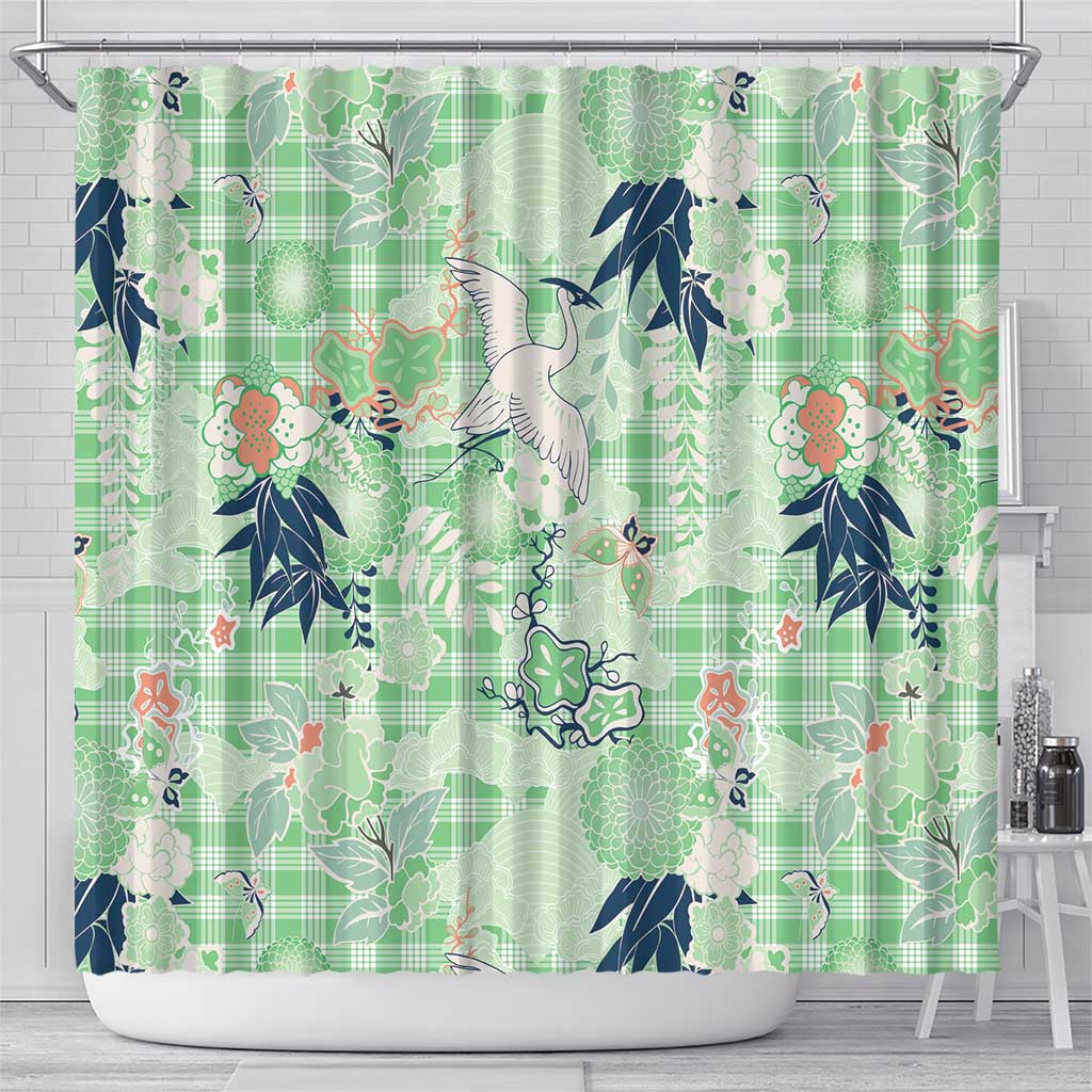 Green Palaka Crane and Flowers Shower Curtain Japan Heritage Spirit LT9 - Polynesian Pride
