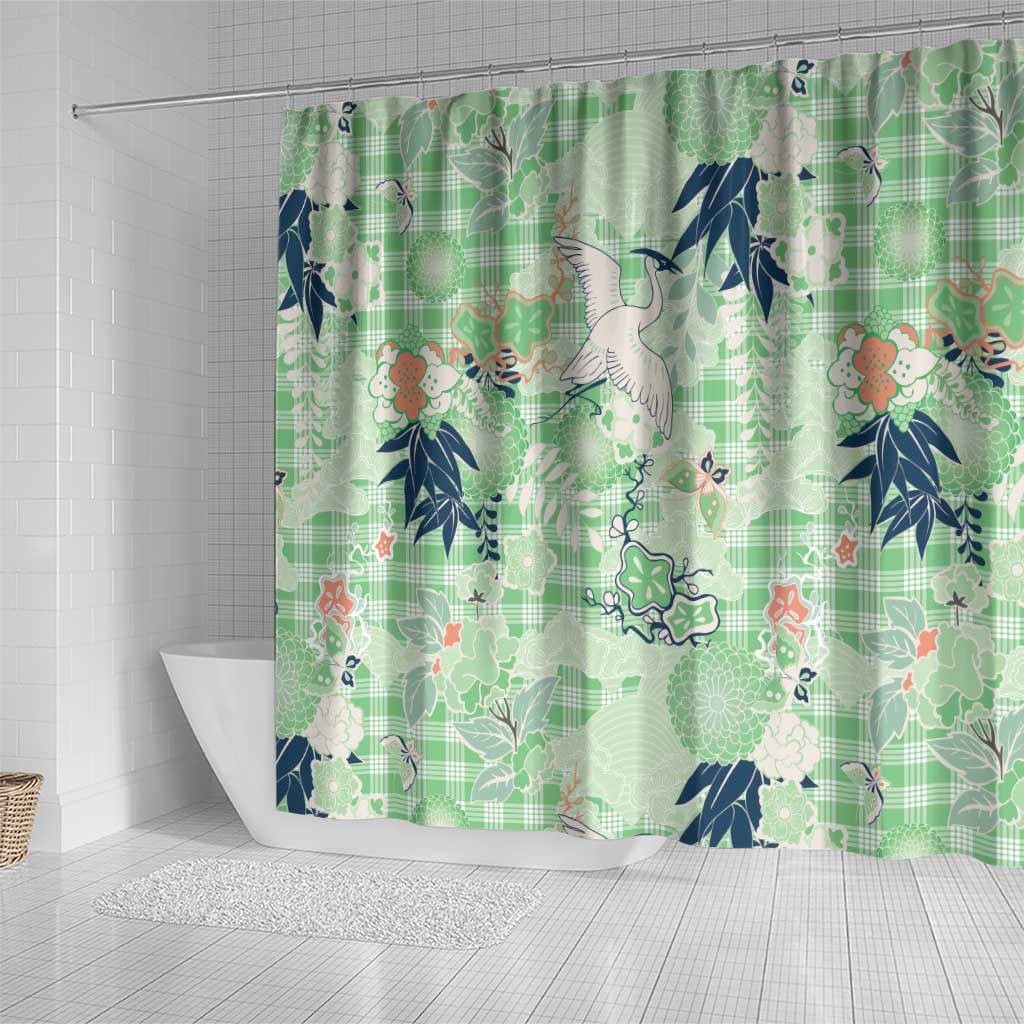 Green Palaka Crane and Flowers Shower Curtain Japan Heritage Spirit LT9 - Polynesian Pride