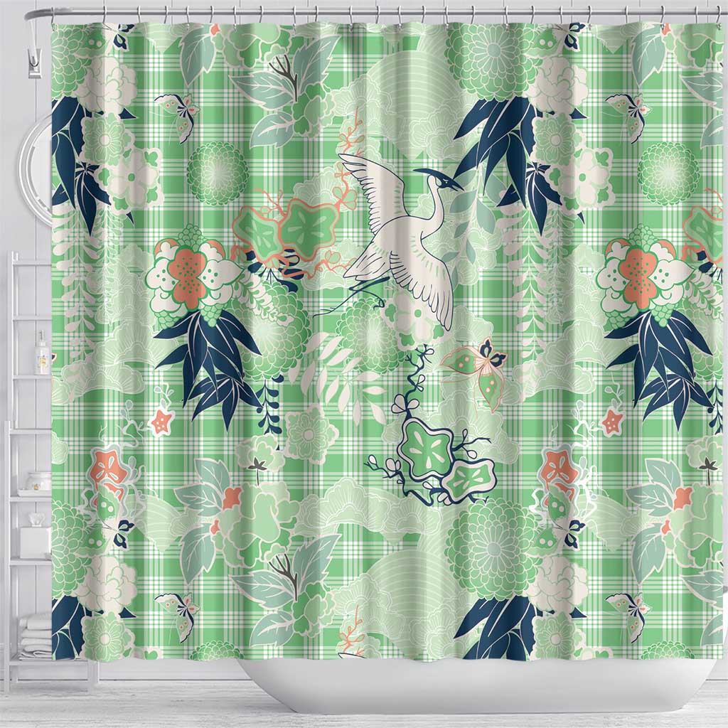 Green Palaka Crane and Flowers Shower Curtain Japan Heritage Spirit LT9 - Polynesian Pride