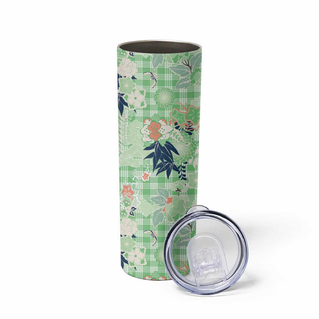 Green Palaka Crane and Flowers Skinny Tumbler Japan Heritage Spirit LT9 - Polynesian Pride