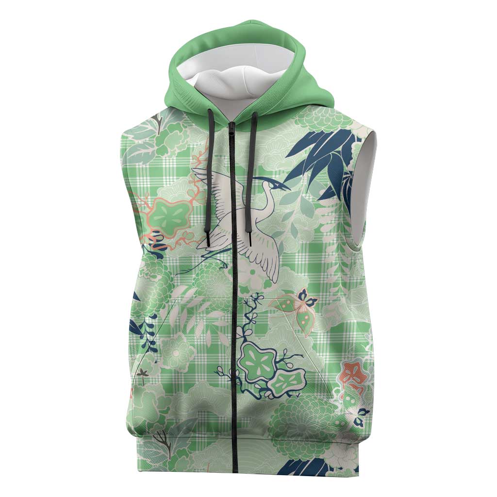 Green Palaka Crane and Flowers Sleeveless Zip Hoodie Japan Heritage Spirit - Polynesian Pride