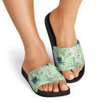 Green Palaka Crane and Flowers Slide Sandals Japan Heritage Spirit - Polynesian Pride