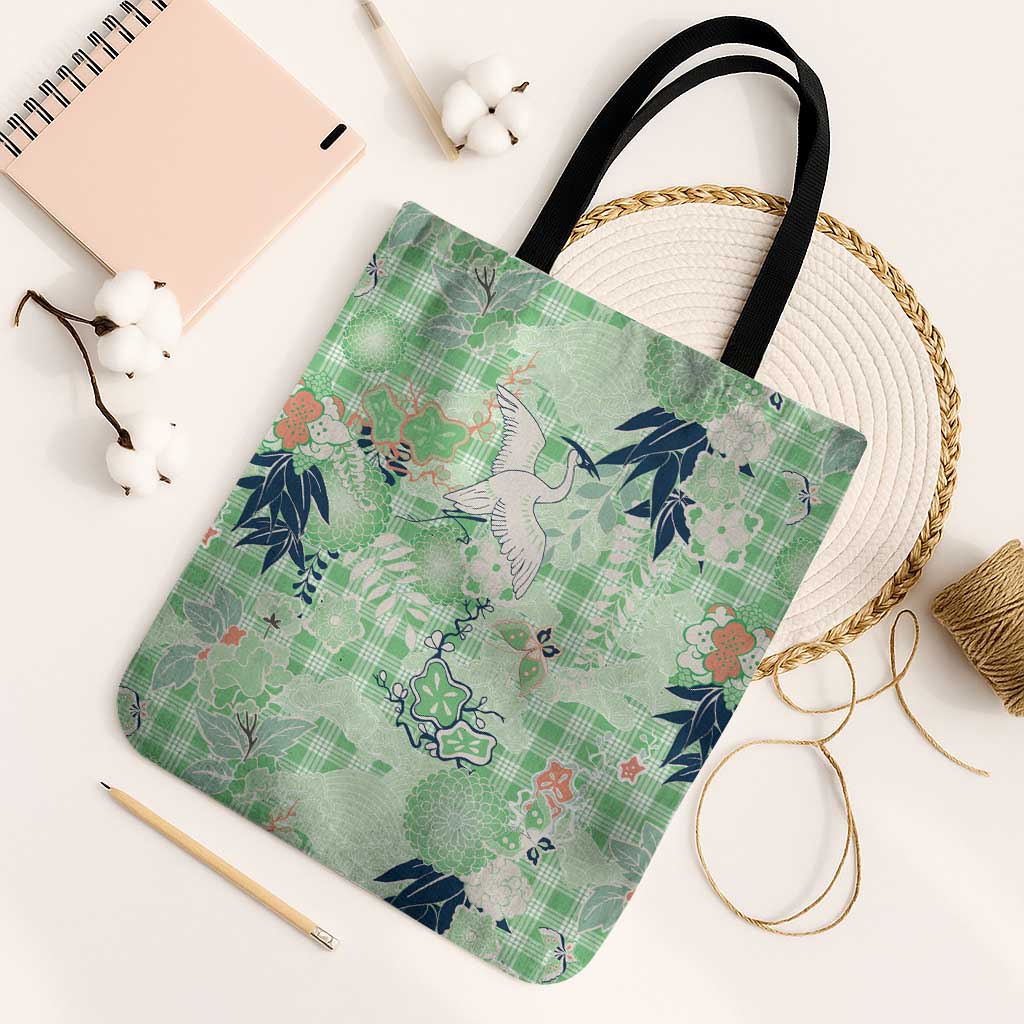 Green Palaka Crane and Flowers Tote Bag Japan Heritage Spirit - Polynesian Pride