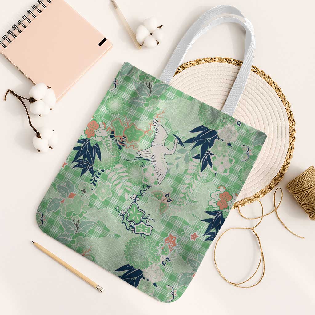 Green Palaka Crane and Flowers Tote Bag Japan Heritage Spirit - Polynesian Pride