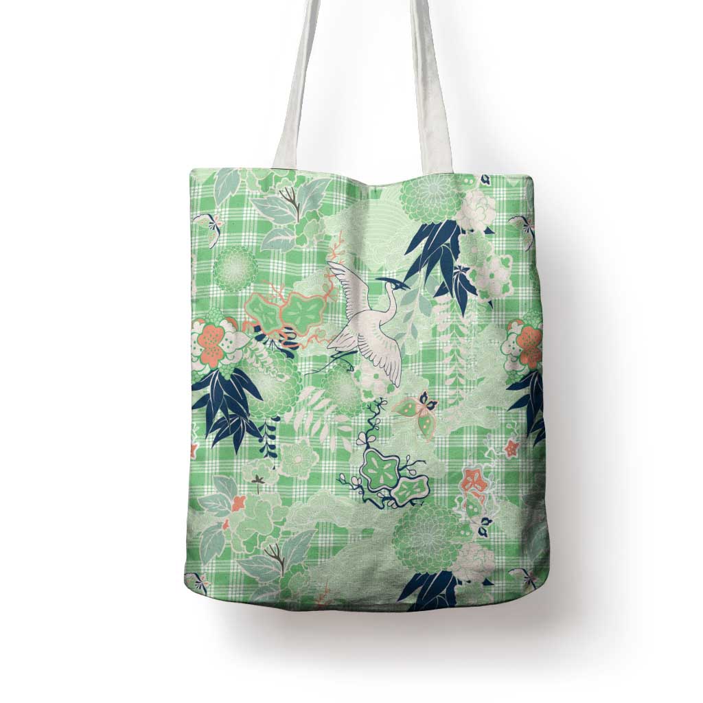 Green Palaka Crane and Flowers Tote Bag Japan Heritage Spirit - Polynesian Pride