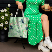Green Palaka Crane and Flowers Tote Bag Japan Heritage Spirit - Polynesian Pride