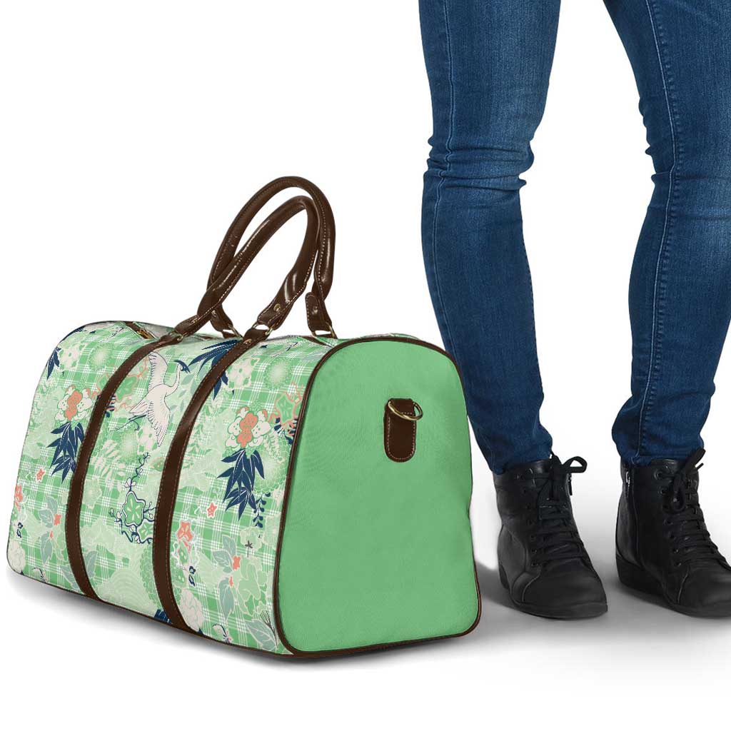 Green Palaka Crane and Flowers Travel Bag Japan Heritage Spirit - Polynesian Pride