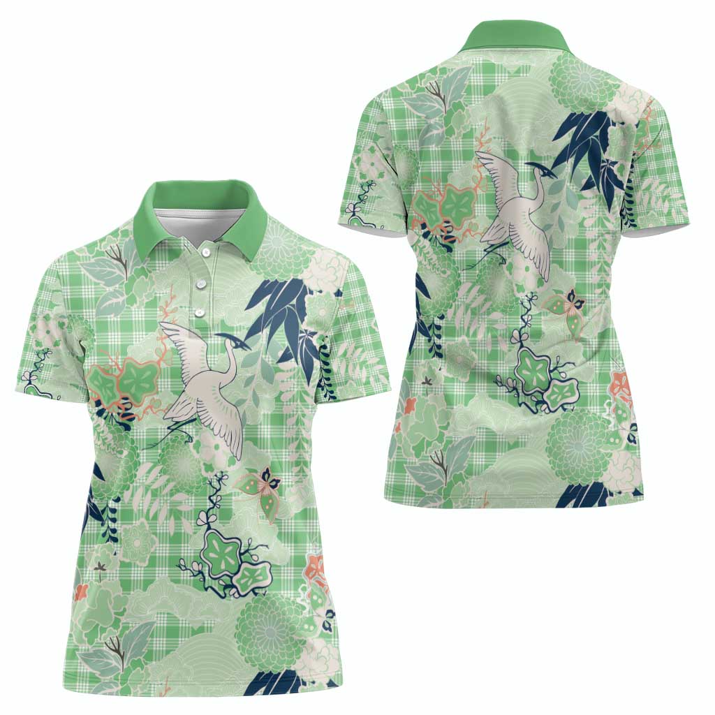 Green Palaka Crane and Flowers Women Polo Shirt Japan Heritage Spirit - Polynesian Pride