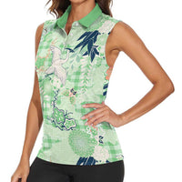 Green Palaka Crane and Flowers Women Sleeveless Polo Shirt Japan Heritage Spirit LT9 - Polynesian Pride