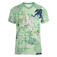 Green Palaka Crane and Flowers Women V-Neck T-Shirt Japan Heritage Spirit LT9 Female Green - Polynesian Pride