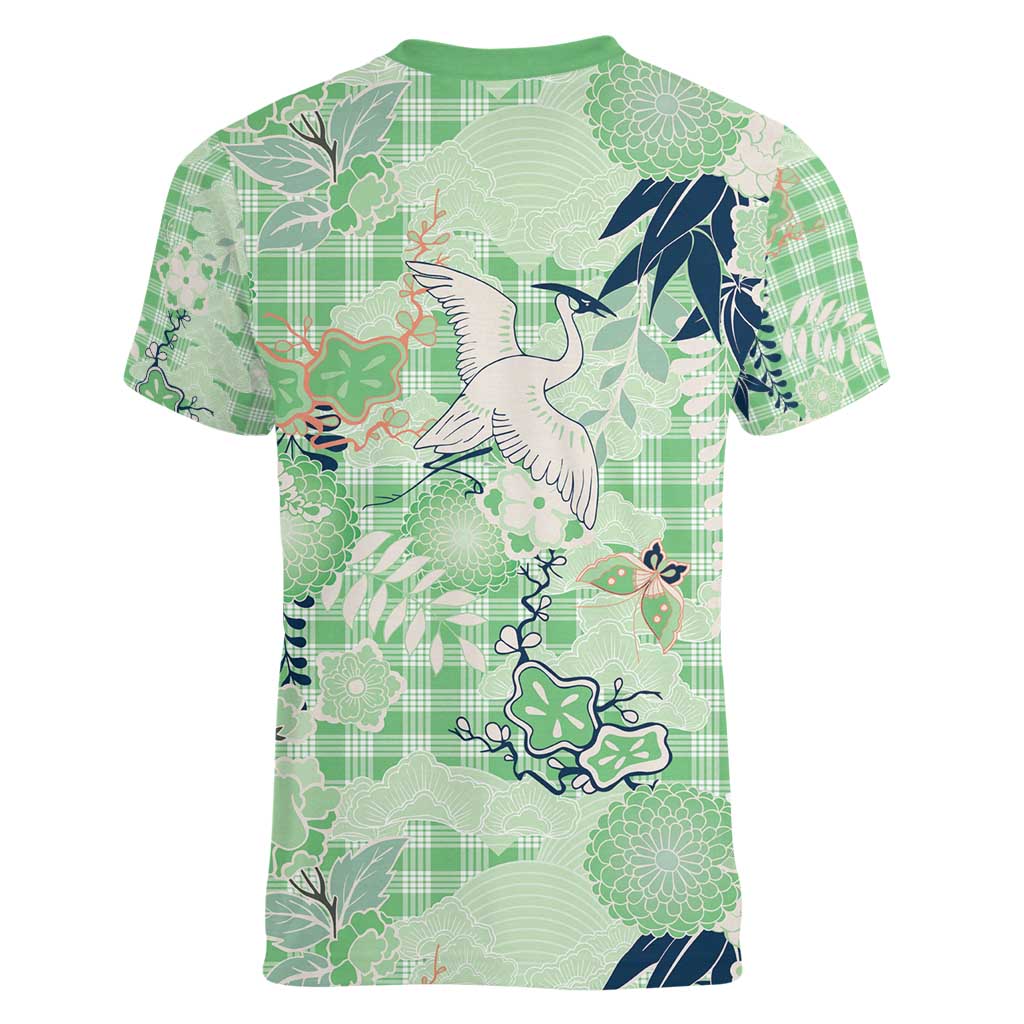 Green Palaka Crane and Flowers Women V-Neck T-Shirt Japan Heritage Spirit LT9 - Polynesian Pride
