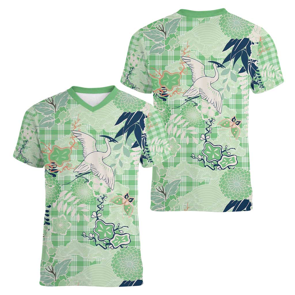 Green Palaka Crane and Flowers Women V-Neck T-Shirt Japan Heritage Spirit LT9 - Polynesian Pride