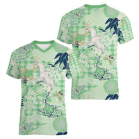 Green Palaka Crane and Flowers Women V-Neck T-Shirt Japan Heritage Spirit LT9 - Polynesian Pride