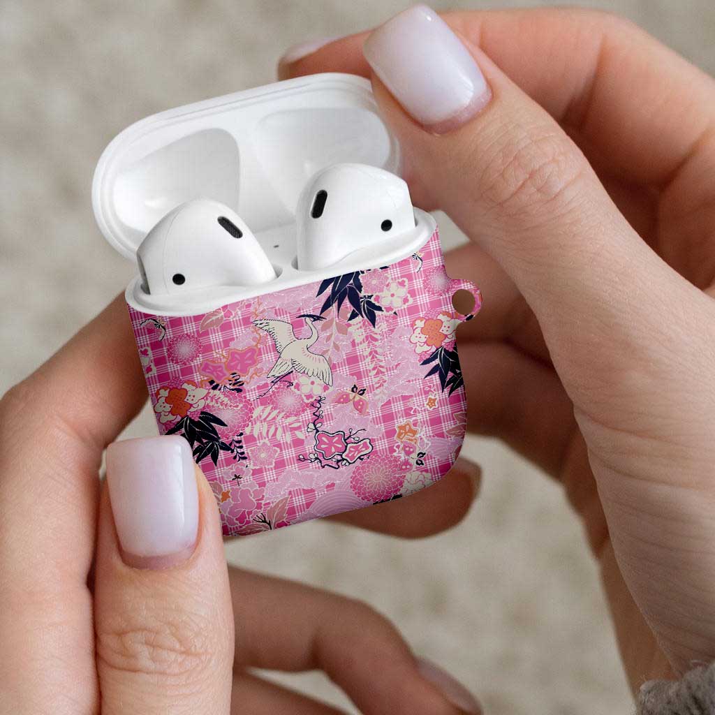 Pink Palaka Crane and Flowers AirPods Case Japan Heritage Spirit - Polynesian Pride